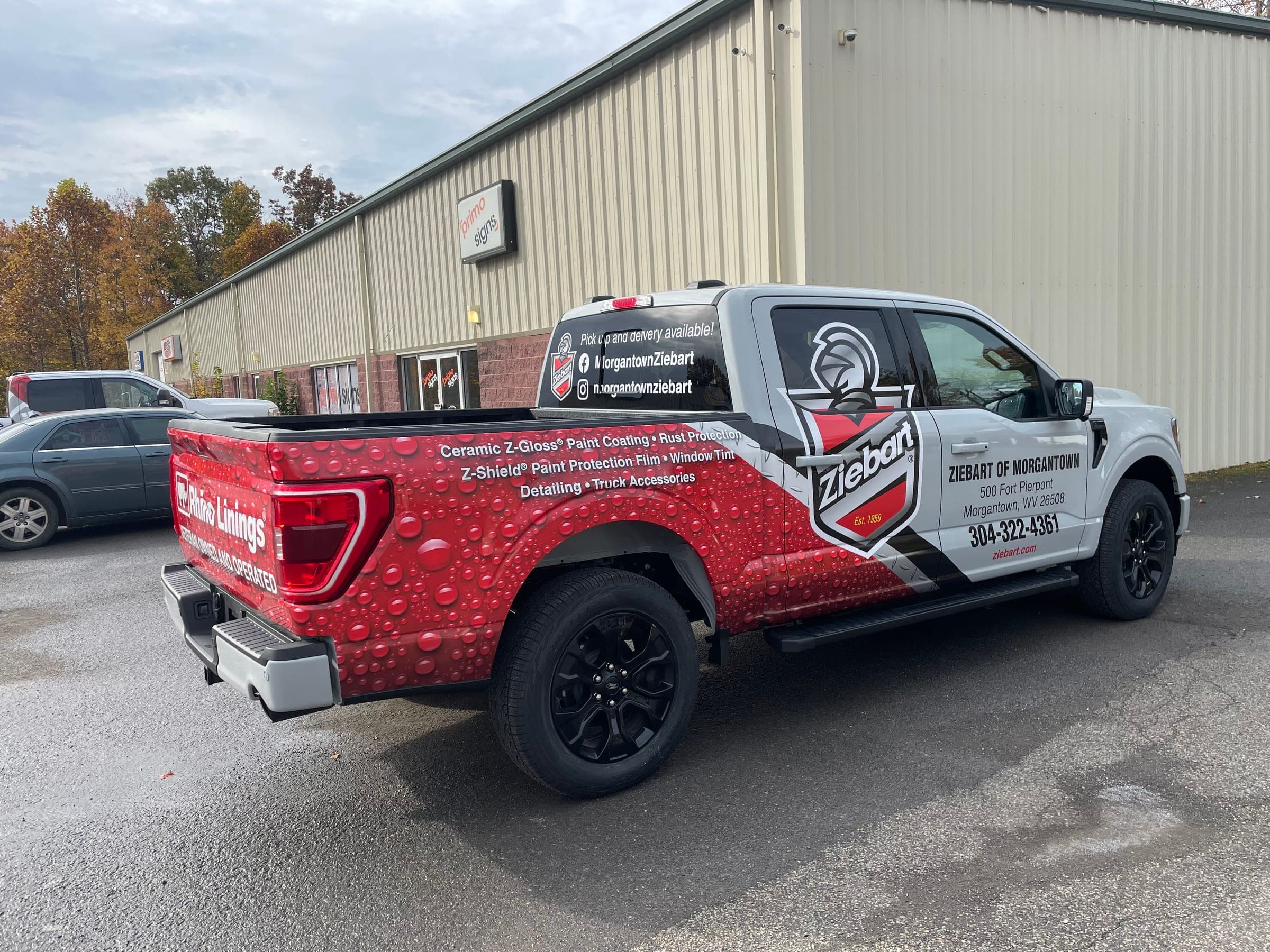 Ziebart of Morgantown pickup wrapped by Primo Signs, parked outside the shop
